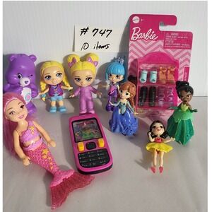 Lot of 10 Dolls Toys: Barbie Extra, Care Bear, Princesses, Mermaid, Cell Phone
